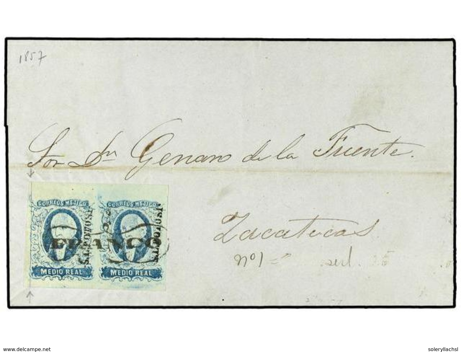 4111 MEXICO. Sc.1(2). 1857 (12 Enero). CATORCE A ZACATECAS.<B> 1/2 Real</B> Azul Pareja, Mat.<B> FRANCO</B> Dentro De Un - Andere & Zonder Classificatie