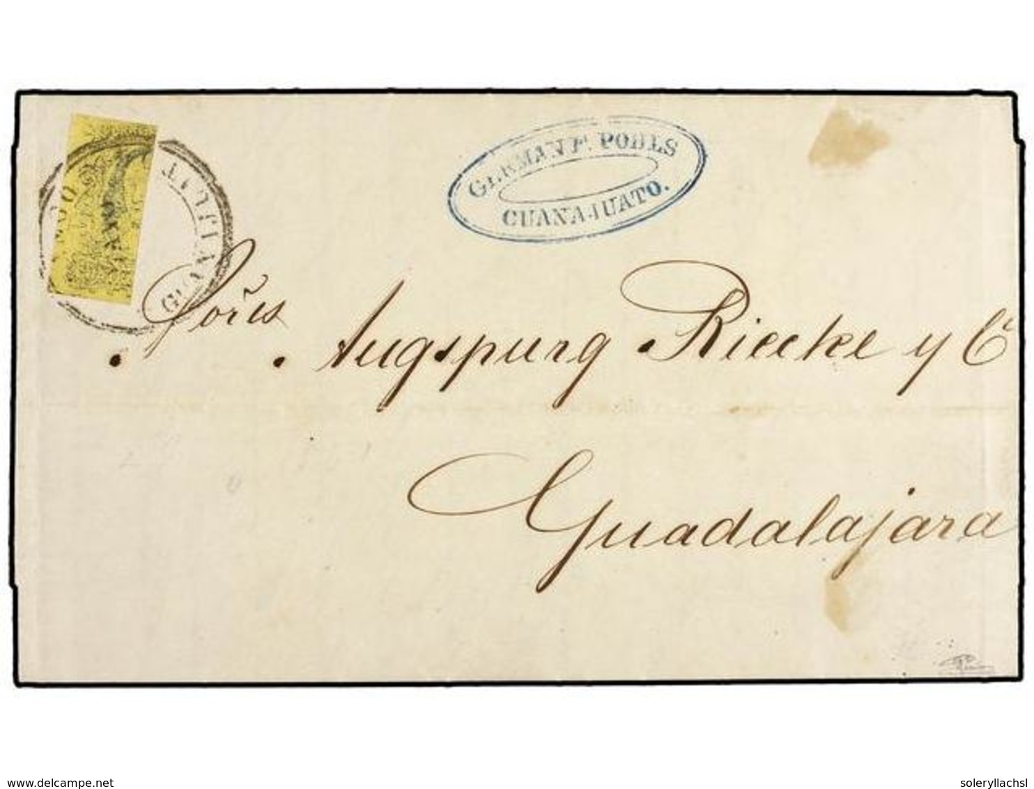 4117 MEXICO. Sc.9a. 1861. GUANAJUATO A GUADALAJARA. 1/2 Sello De <B>4 Reales</B> Negro S. Amarillo. Muy Bonito. F. BASH. - Autres & Non Classés