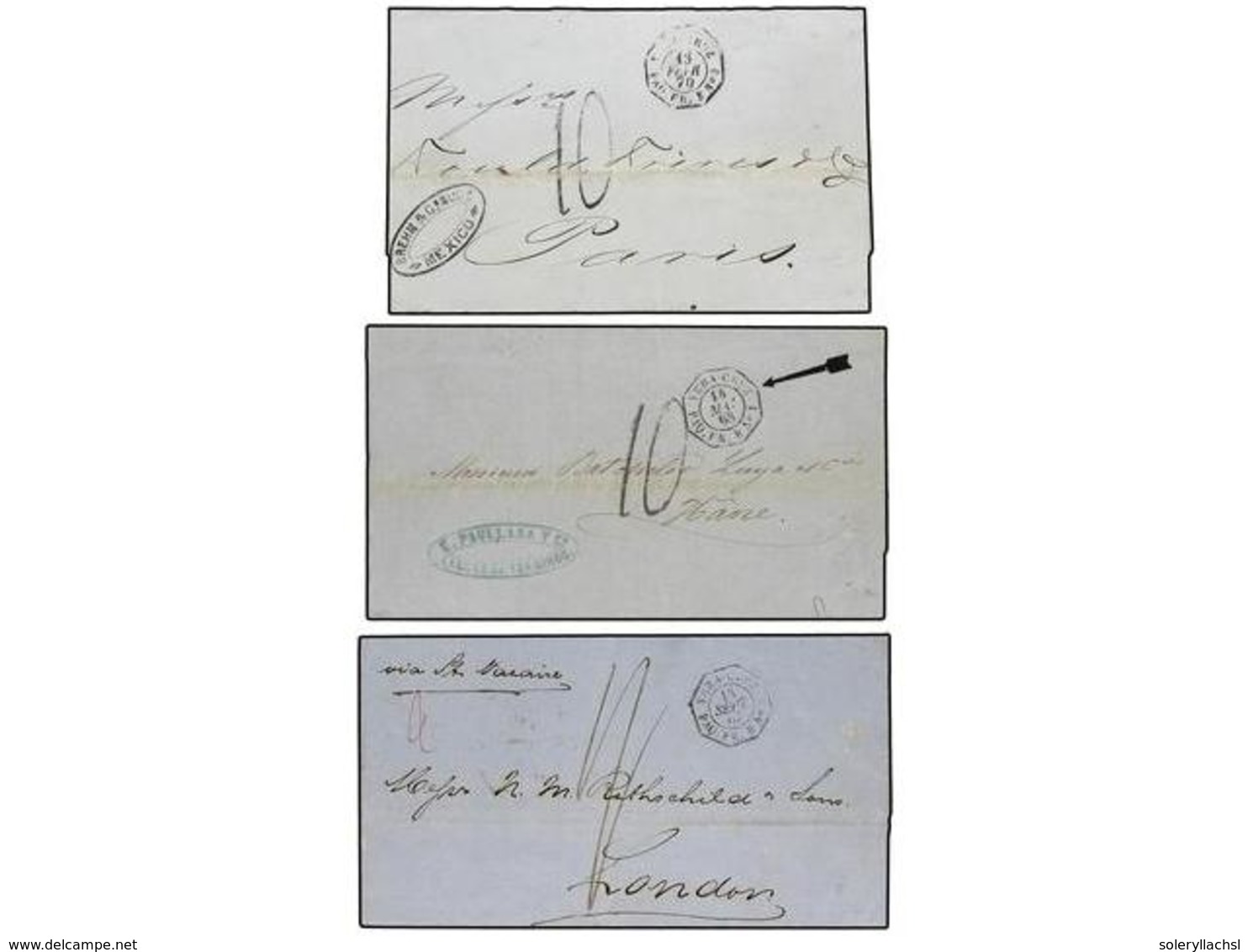 4134 MEXICO. 1867-70. Conjunto De 3 Cartas Circuladas A FRANCIA, Fechadores Marítimos <B>VERACRUZ/PAQ. FR. B Nº 1, Nº 2< - Sonstige & Ohne Zuordnung