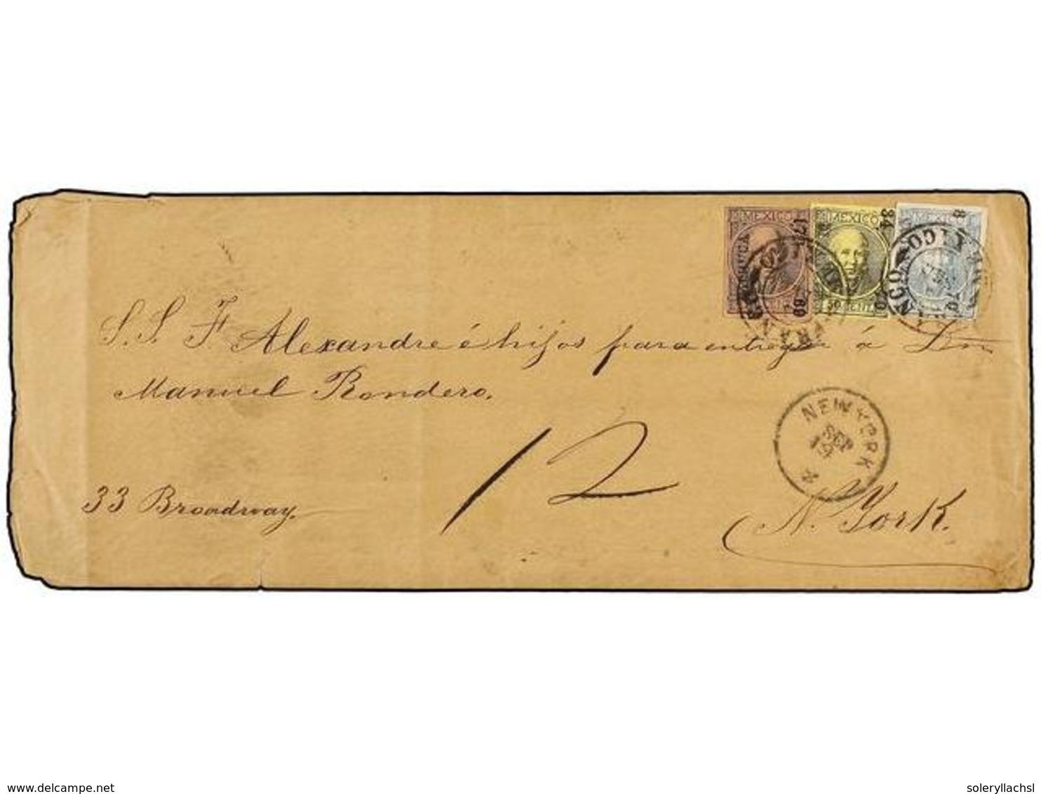 4140 MEXICO. 1870. MÉXICO A NEW YORK. <B>25 Cts.</B> Azul Con Distrito <B>MAZATLAN</B>, <B>50 Cts.</B> Negro S. Amarillo - Other & Unclassified