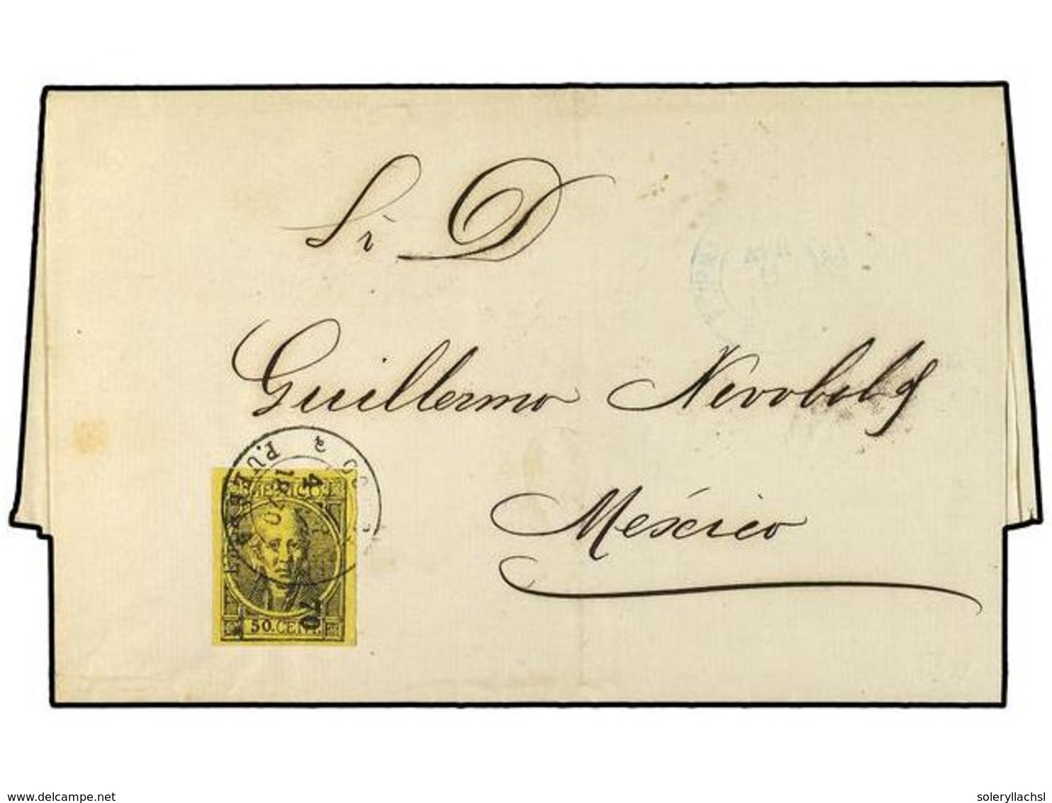 4142 MEXICO. 1870. Entire To Mexico City Franked Imperf <B>50c.</B> Hidalgo, Thick Figures, Overprinted <B>'Puebla 4 - 7 - Sonstige & Ohne Zuordnung