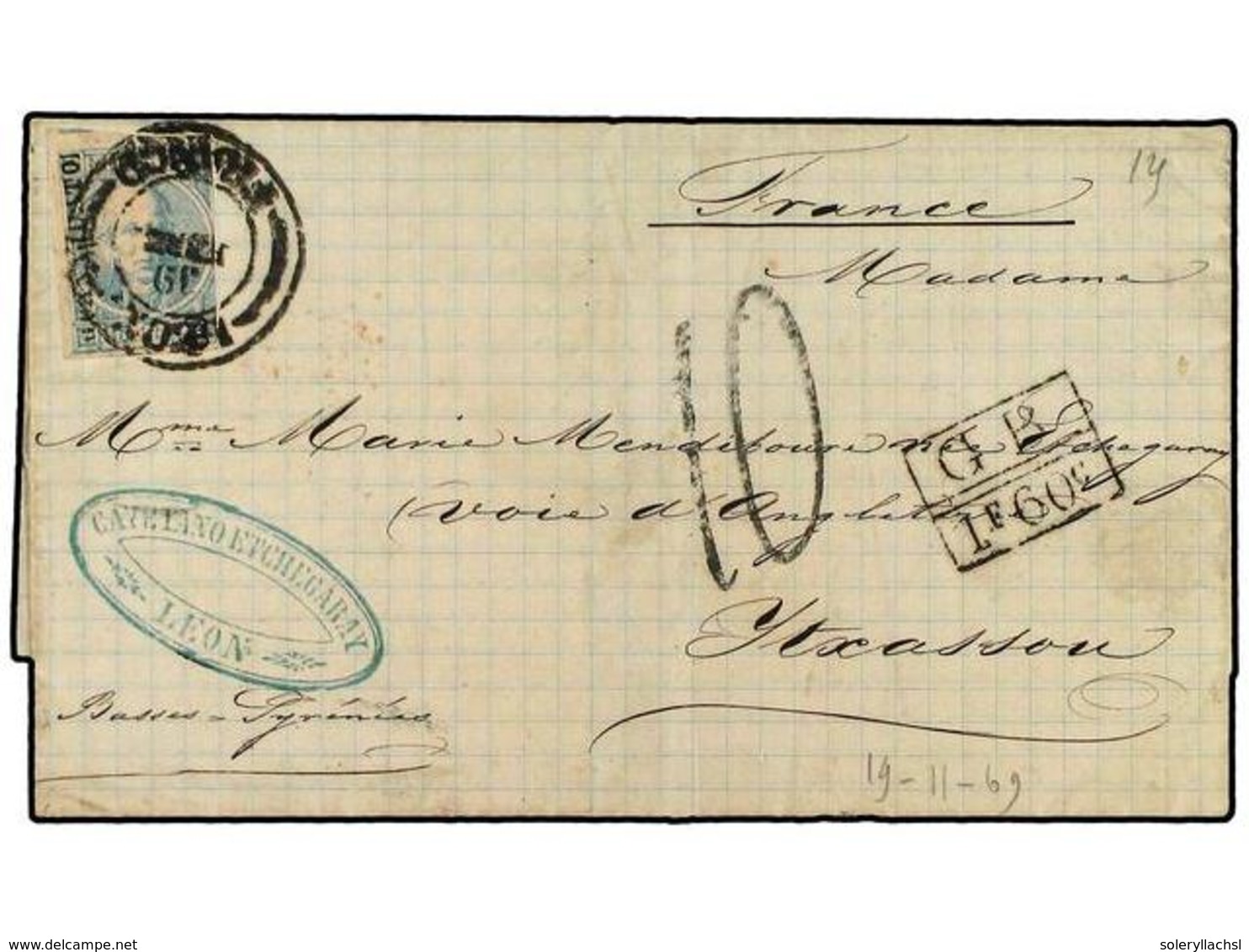 4143 MEXICO. 1870. Letter Sheet To FRANCE With Impf Guanajuato <B>25 C. </B> (6-68) Tied By <B>LEON</B> Cds, Sent Via Lo - Sonstige & Ohne Zuordnung