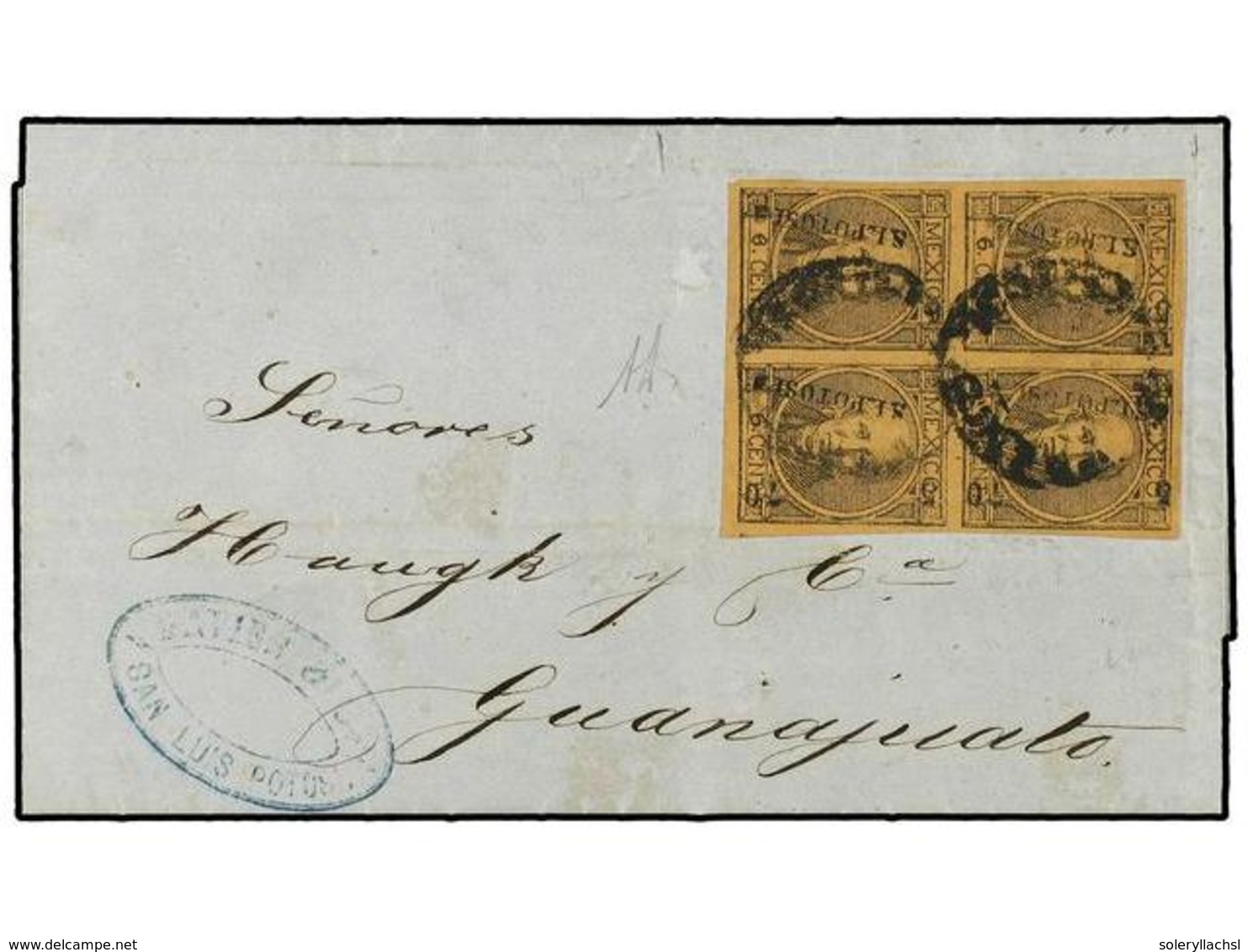 4144 MEXICO. Sc.58(4). 1870. S. LUIS POTOSÍ A GUANAJUATO. <B>6 Ctvos.</B> Negro S. Cartaño En Bloque De Cuatro. RARO En  - Other & Unclassified