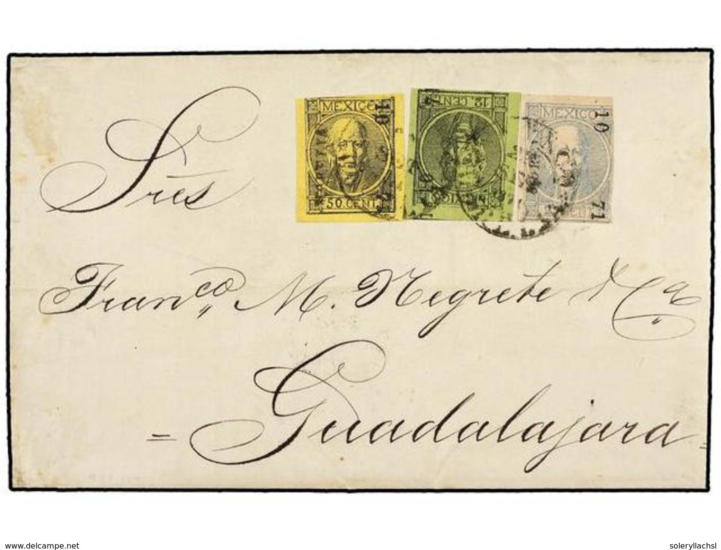 4146 MEXICO. 1871 (22 Sept.). MORELIA A GUADALAJARA. <B>12 Cts.</B> Negro S. Verde,<B> 25 Cts.</B> Azul S. Rosa Y <B>50  - Sonstige & Ohne Zuordnung