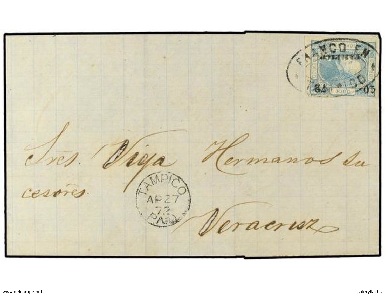 4147 MEXICO. Yv.50. 1872. TAMPICO A VERACRUZ. <B>12 Ctvos.</B> Azul. Circulada Por El Correo Inglés. Fechador Redondo <B - Sonstige & Ohne Zuordnung