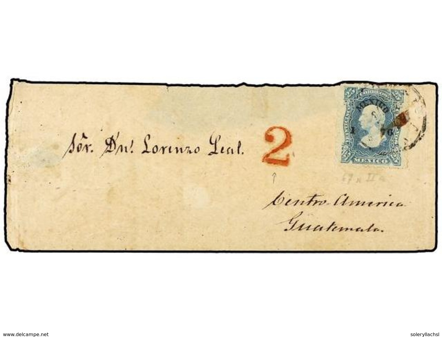 4152 MEXICO. Sc.109. 1876. MÉXICO A GUATEMALA. <B>25 Cts.</B> Azul, Tasada Con '2' A La Llegada. Rara Destinación En ést - Sonstige & Ohne Zuordnung