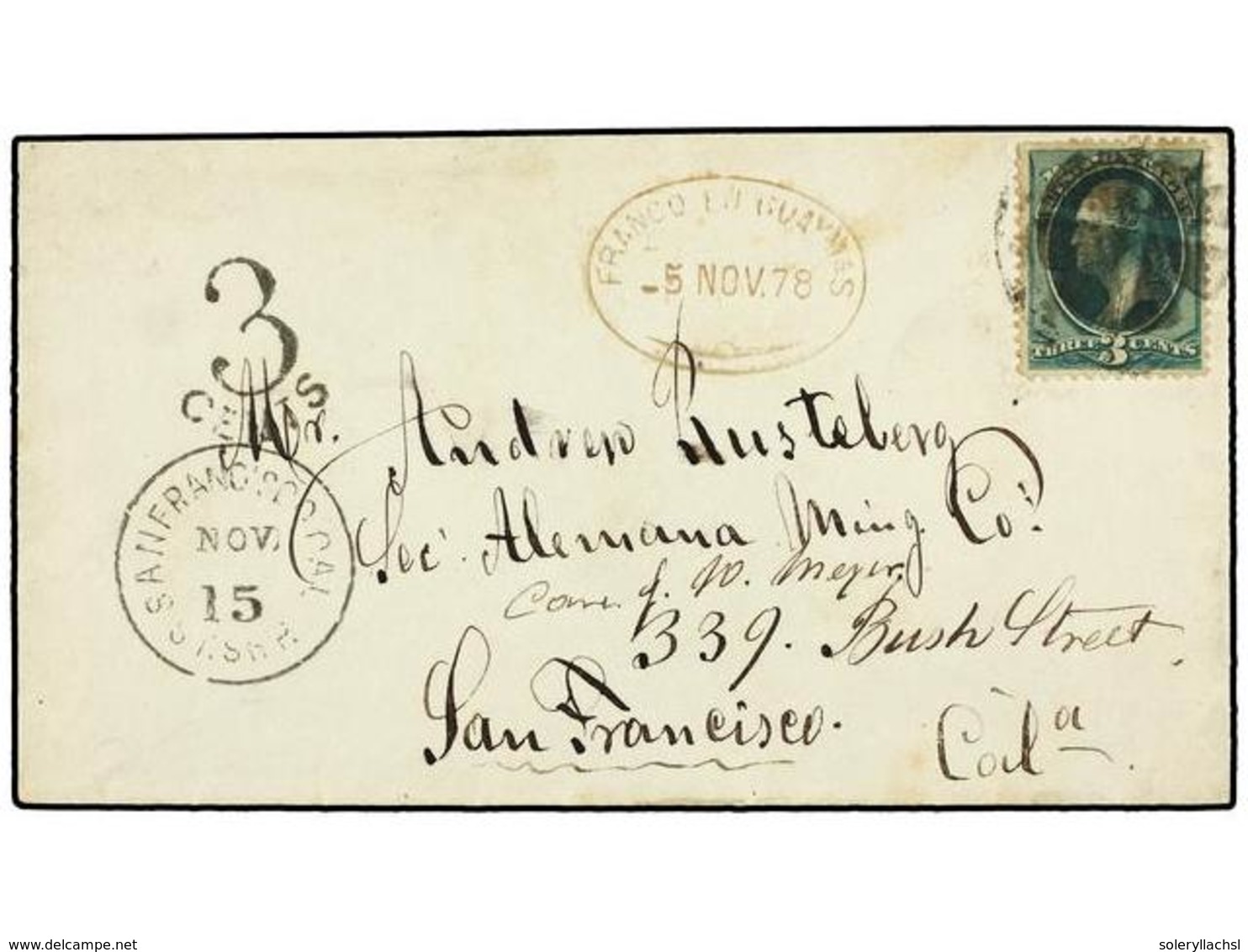 4155 MEXICO. 1878. GUAYMAS A SAN FRANCISCO. Fechador Ovalado <B>FRANCO EN GUAYMAS</B> Indicando El Pago De Franqueo En O - Other & Unclassified