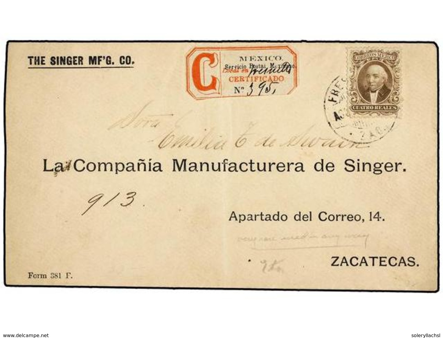 4159 MEXICO. 1893. FRESNILLO A ZACATECAS. Sobre Circulado Con Sello De <B>4 Reales</B> Castaño De La Emisión De Hidalgo  - Sonstige & Ohne Zuordnung