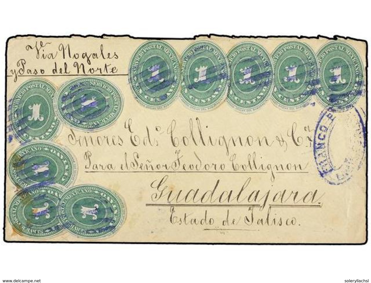 4160 MEXICO. Sc.174 (10). 1887. Sobre Circulado A GUADALAJARA (Vía Nogales) Con 10 Sellos De <B>1 Ctvo.</B> Verde, Recor - Sonstige & Ohne Zuordnung
