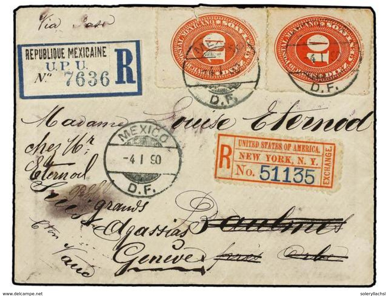 4165 MEXICO. Sc.187 (3). 1890. MÉXICO A SUIZA. <B>10 Ctvos.</B> Rojo (2) (rotura Del Sobre Que Afecta A Un Sello). Carta - Sonstige & Ohne Zuordnung