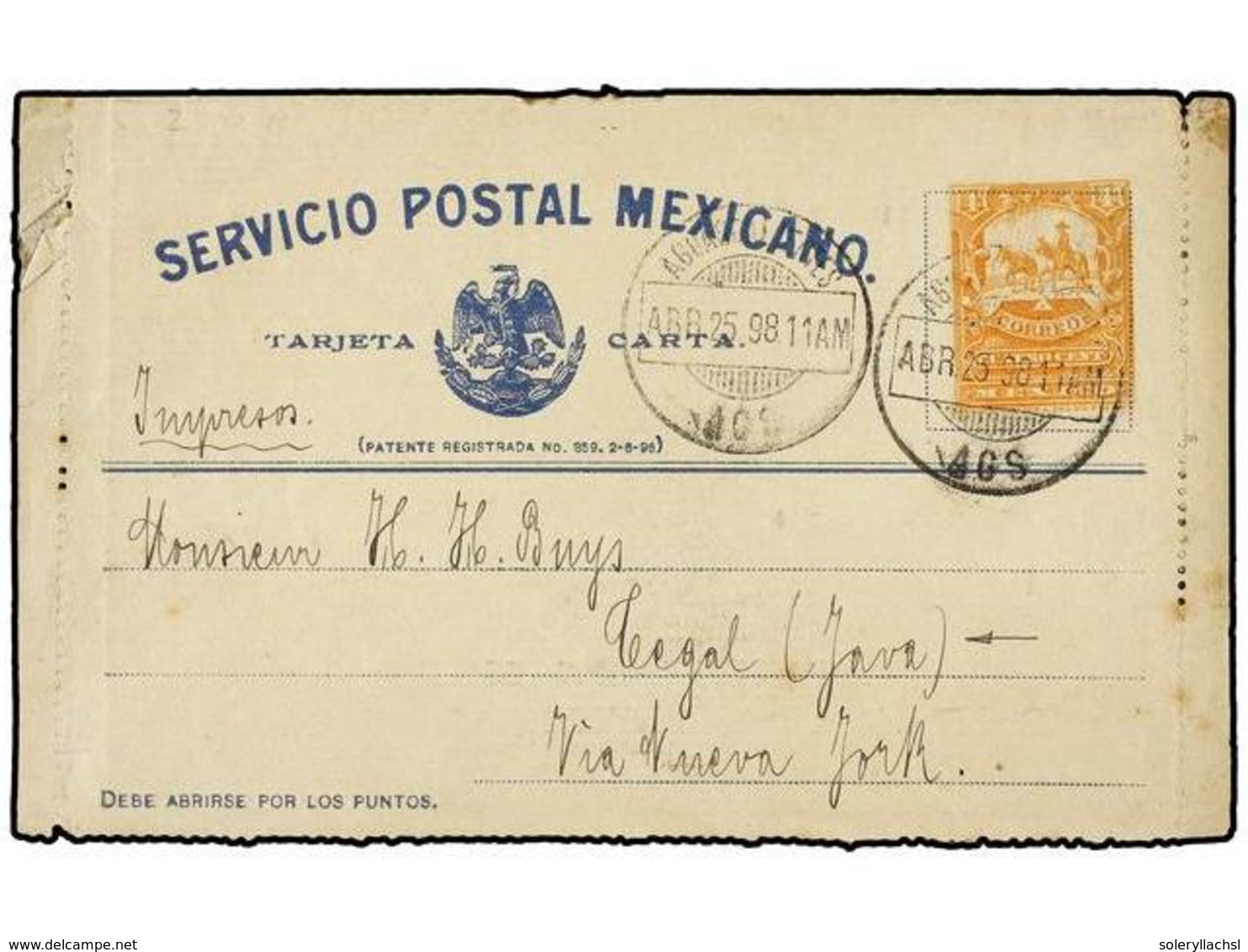 4169 MEDALLAS ESPAÑOLAS. 1898. AGUAS CALIENTES A TAGAL (Isla De Java). Entero Postal De <B>4 Ctvos.</B> Naranja (mulita) - Other & Unclassified