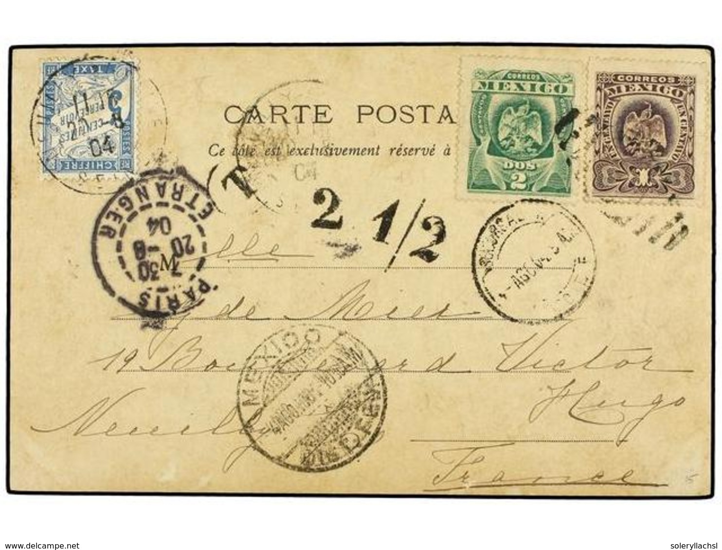 4171 MEXICO. Sc.304, 305. 1904. MÉXICO A FRANCIA. <B>1 Ctvo. </B>lila Y <B>2 Ctvos.</B> Verde. Tasada A La Llegada Con S - Other & Unclassified