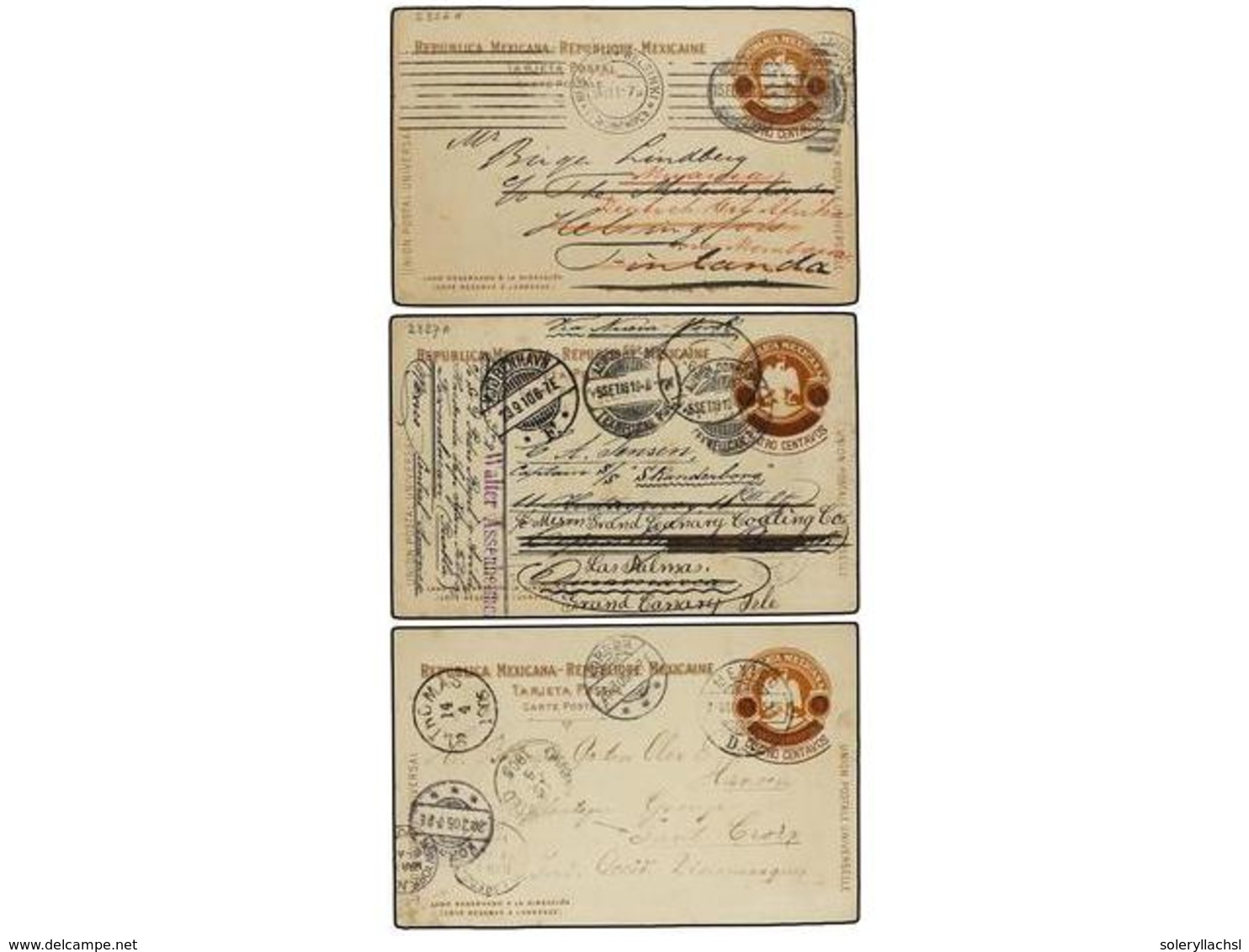 4172 MEXICO. 1905-1911. TRES Enteros Postales De <B>4 Ctvos. S. 3 Ctvos.</B> Castaño, Circulados A ISLAS CANARIAS, ST. T - Other & Unclassified