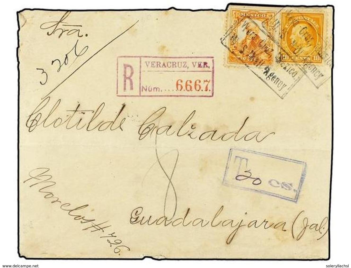 4175 MEXICO. 1914. VERACRUZ A GUADALAJARA. <B>5 Ctvos.</B> Naranja Y Sello U.S.A. De <B>10 Cents</B> Amarillo. Mat. <B>V - Other & Unclassified