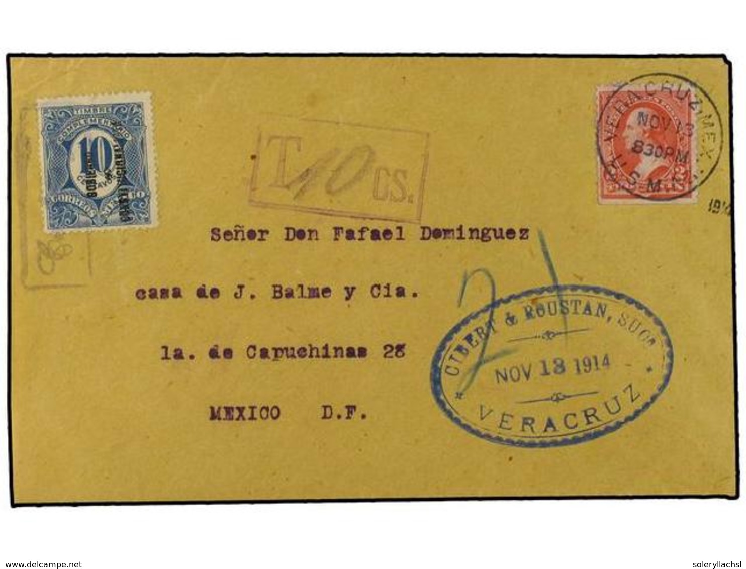 4177 MEXICO. 1914 (Nov 13). American Occupation Of Vera Cruz, A Fine Cover To Mexico City With USA <B>2c</B>. Rose Red T - Sonstige & Ohne Zuordnung