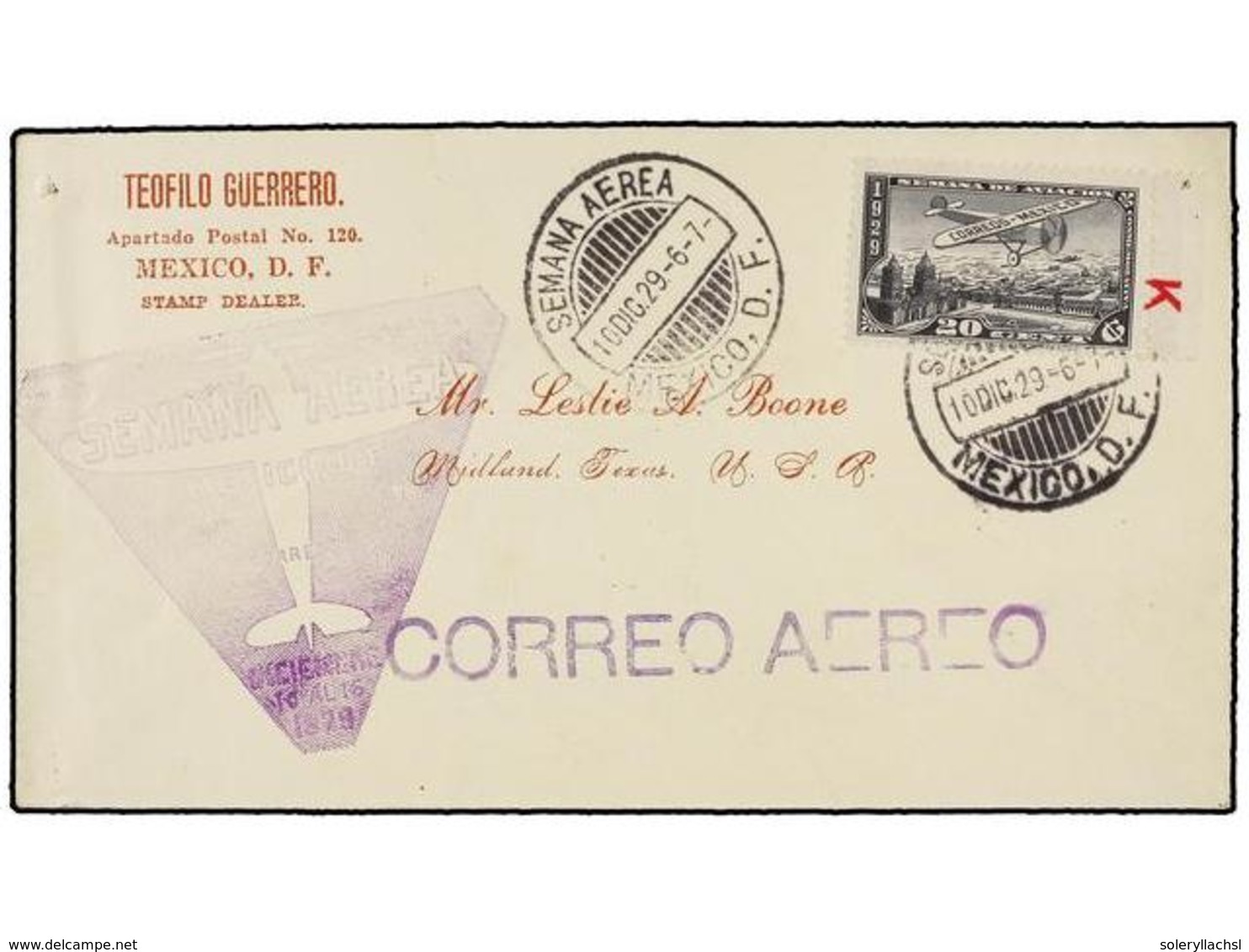 4179 MEXICO. 1929 (10-XII). MÉXICO A TEXAS. <B>SEMANA AÉREA</B> Circulado Con Sello De <B>20 Cts.</B> Negro (Mu. 47). - Other & Unclassified