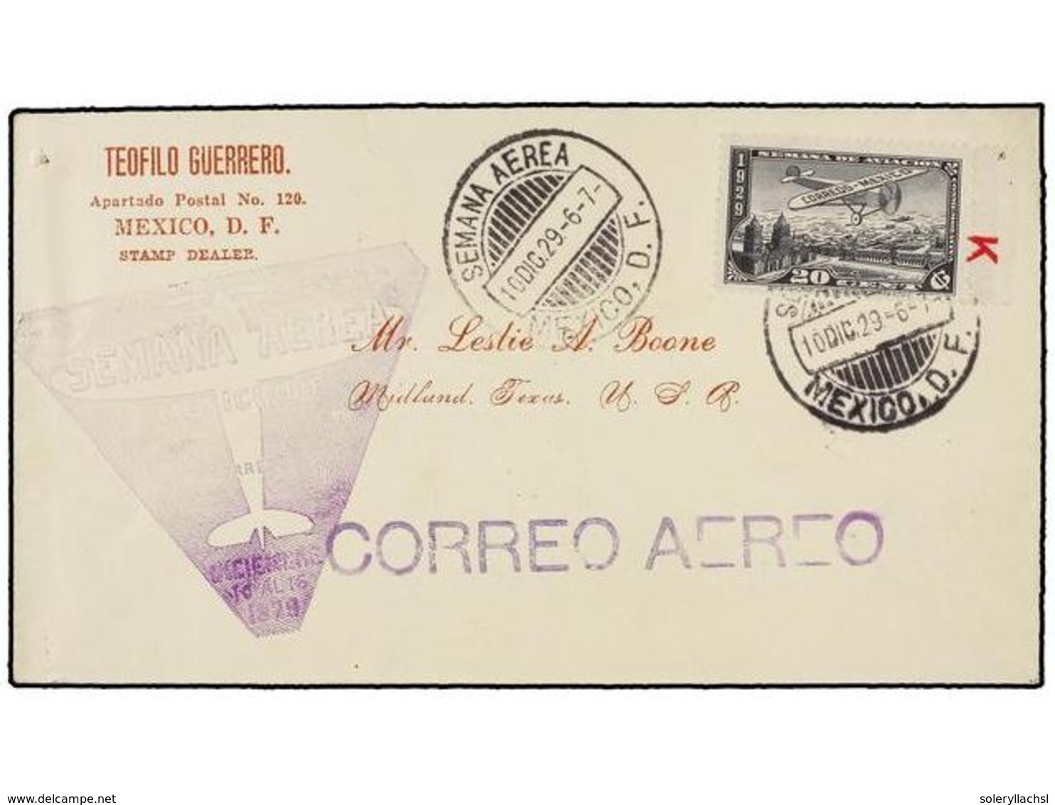 4179 MEXICO. 1929 (10-XII). MÉXICO A TEXAS. <B>SEMANA AÉREA</B> Circulado Con Sello De <B>20 Cts.</B> Negro (Mu. 47). - Sonstige & Ohne Zuordnung