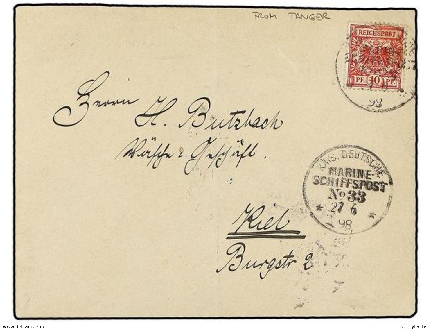 4188 MARRUECOS. 1898 (June 27). Cover From TANGIER To KIEL (Germany) Franked By 1888 <B>10pf.</B> Carmine Tied By <B>KAI - Sonstige & Ohne Zuordnung