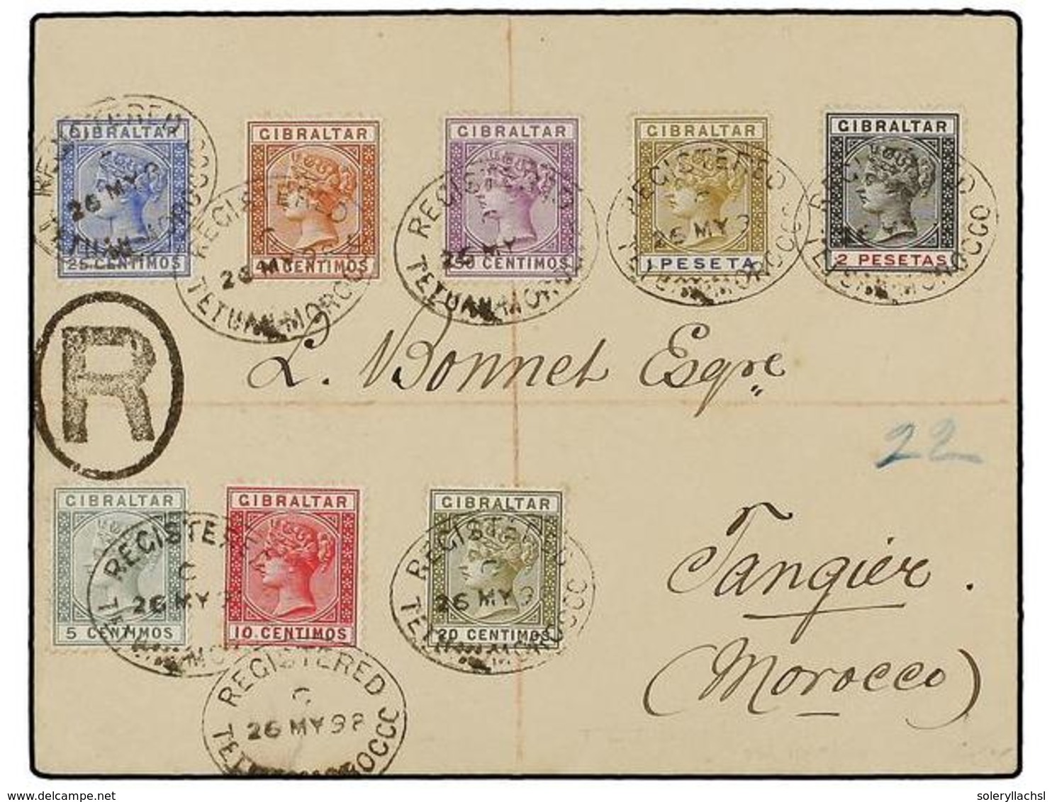 4189 MARRUECOS. Sg.22-24,26-28,31,32. 1898 (May 26). Registered Cover To TANGIER Franked By Spanish Currency Part Set Of - Other & Unclassified