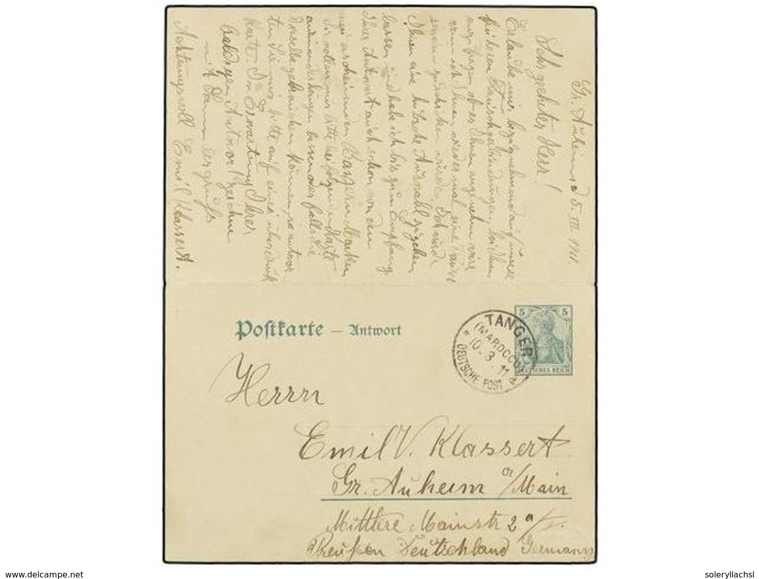 4196 MARRUECOS ALEMAN. 1911 (March 5). <B>TANGIER. </B>Germania <B>5pf.+5pf.</B> Green Reply Postal Stationery Cards Use - Other & Unclassified