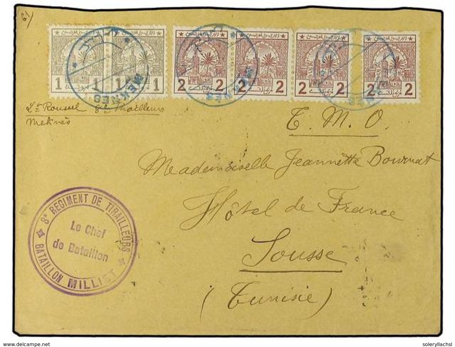 4197 MARRUECOS FRANCES. 1913. Military Mail Envelope To French Tunisia Bearing Postes Cherifiennes <B>1 Cent</B> Grey (p - Autres & Non Classés