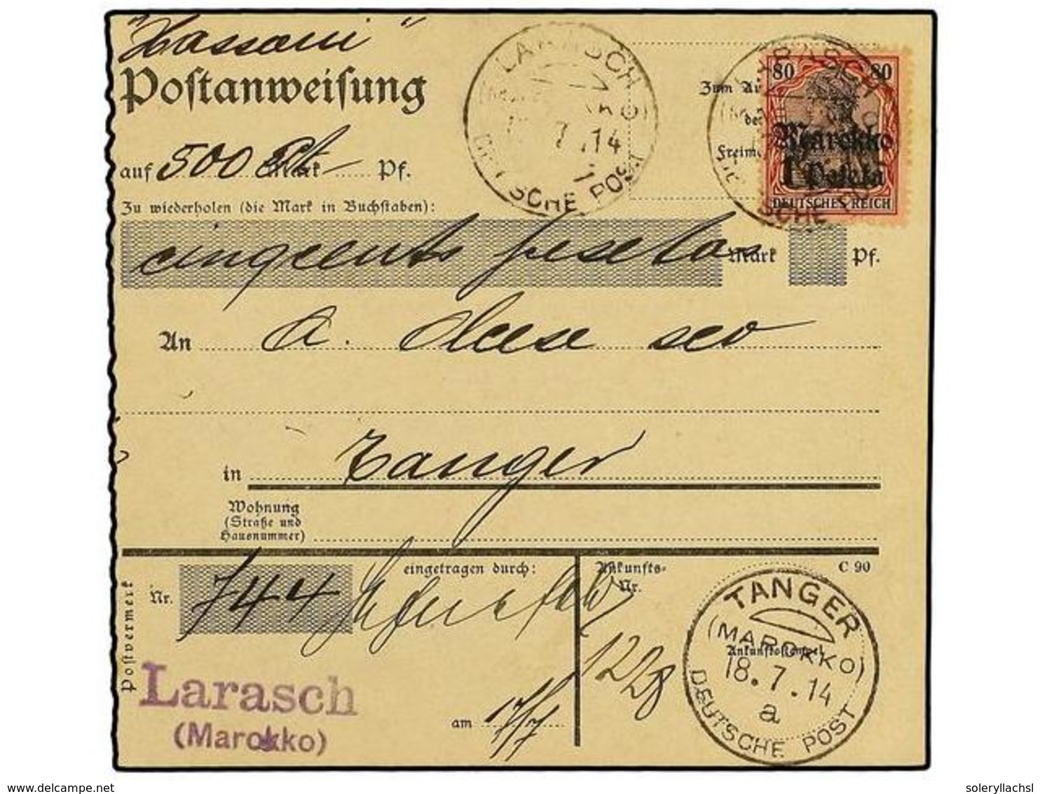 4198 MARRUECOS ALEMAN. 1914 (July 17). <B>LARACHE. </B>Money Order Form Used To TANGIER Franked By Single Usage Of Gothi - Sonstige & Ohne Zuordnung