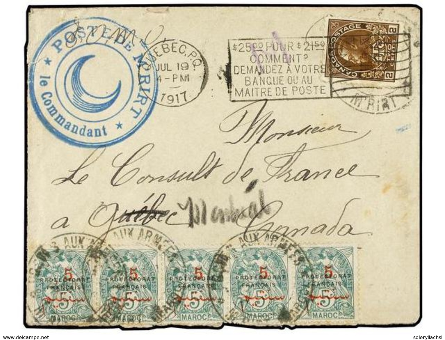 4199 MARRUECOS. 1917. Cover To QUEBEC Franked By French Protectorate <B>5c. In Red On 5c. Green</B> Strip Of Five Cancel - Other & Unclassified