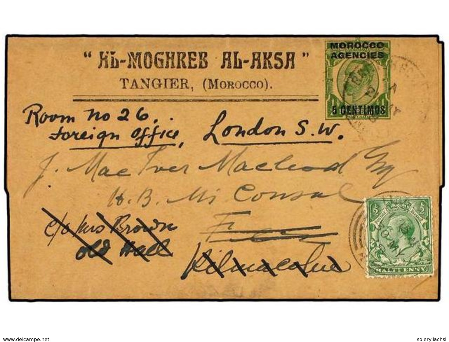 4200 MARRUECOS INGLES. 1918. <B>5 C.</B> Green On Buff Stationery Newspaper Wrapper Used To FEZ Cancelled <B>TANGIER</B> - Sonstige & Ohne Zuordnung