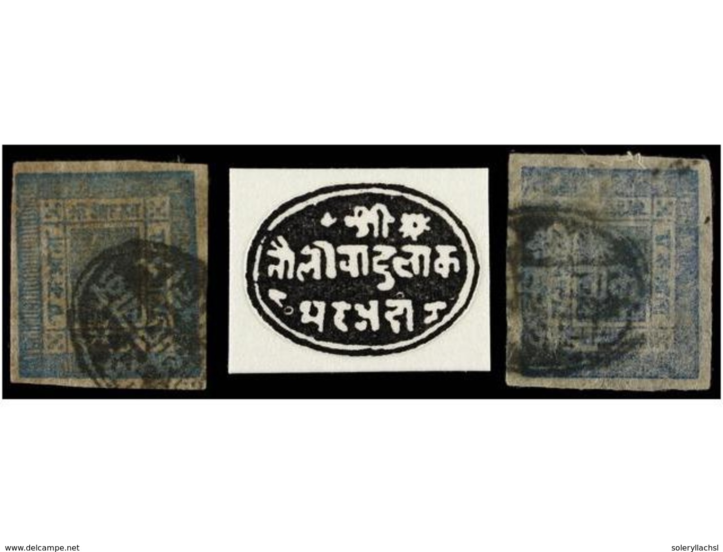 4201 ° NEPAL. Mi.7B, 10B. 1898-99. <B>1 Anna</B> Blue. 2 Stamps With<B> TAULIHAWA</B> Postal-seal Cancellation. Very Rar - Autres & Non Classés