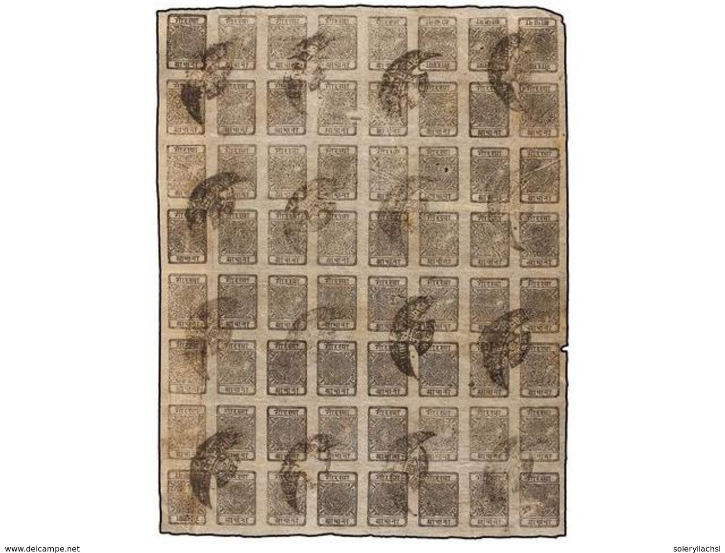 4205 ° NEPAL. Mi.13Bb + 13Bbk. 1917-19. <B>1/2 Anna</B> Black, Setting 8. Complete Used Sheet Of 60 (8x8). Inverted Clic - Sonstige & Ohne Zuordnung