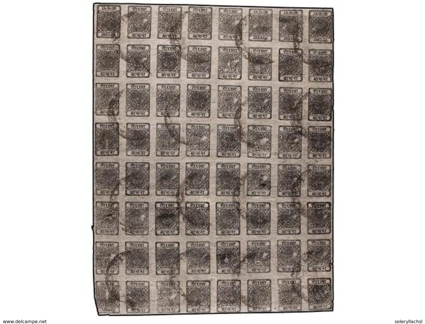 4206 ° NEPAL. Mi.13Bb + 13Bbk. 1917-19. <B>1/2 Anna</B> Black, Setting 7. Complete Used Sheet Of 60 (8x8). Inverted Clic - Other & Unclassified