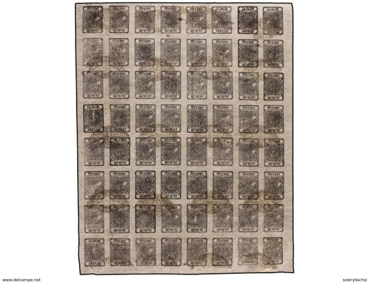 4207 ° NEPAL. Mi.13Bb + 13Bbk. 1922-24. <B>1/2 Anna</B> Black, Setting 10. Complete Used Sheet Of 60 (8x8). Inverted Cli - Otros & Sin Clasificación