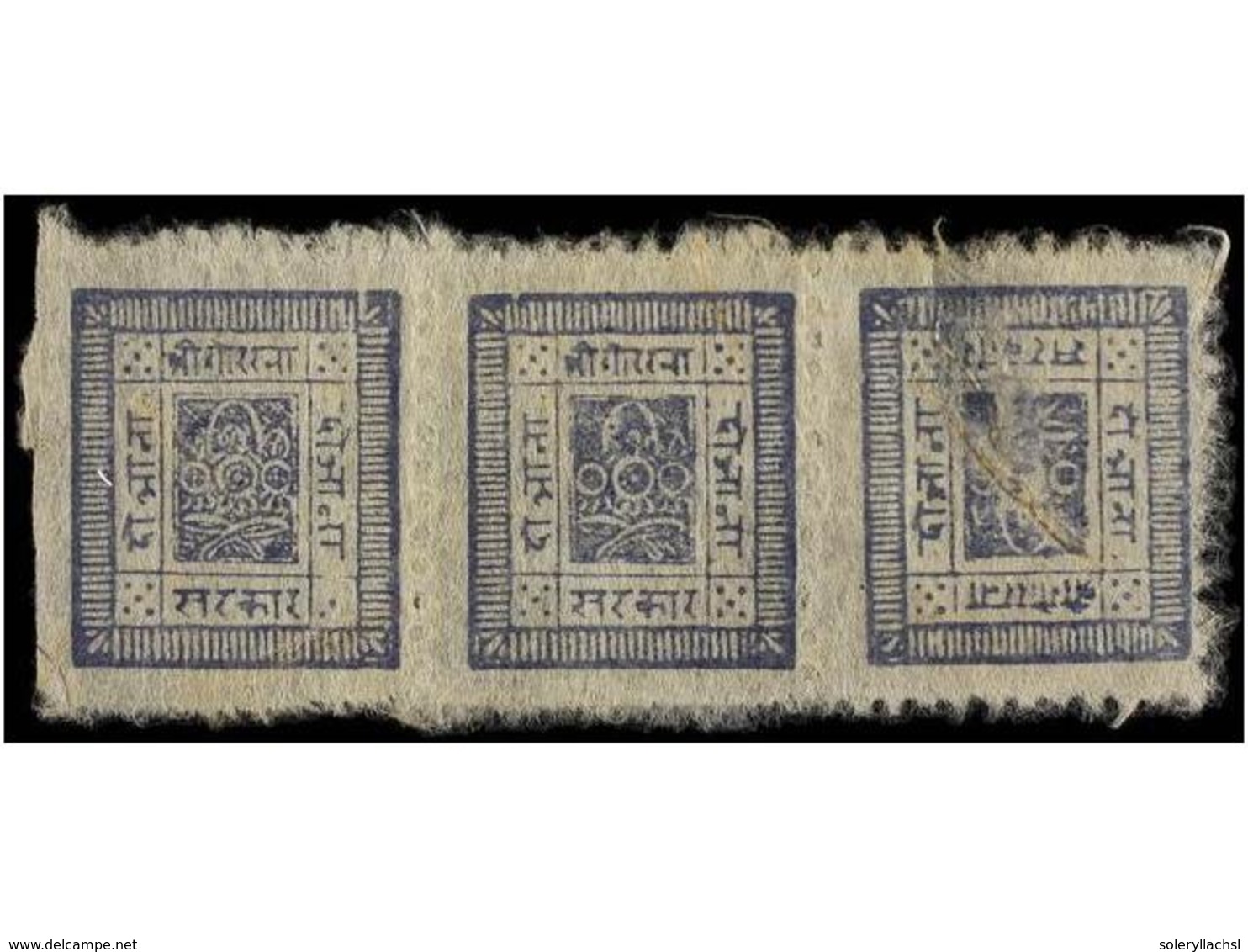 4211 (*) NEPAL. Mi.17Ak. 1899-1907. <B>2 Annas</B> Grey Blue, Pin Perf. 5 Strip Of Three. Tete-beche, Thinned. - Sonstige & Ohne Zuordnung