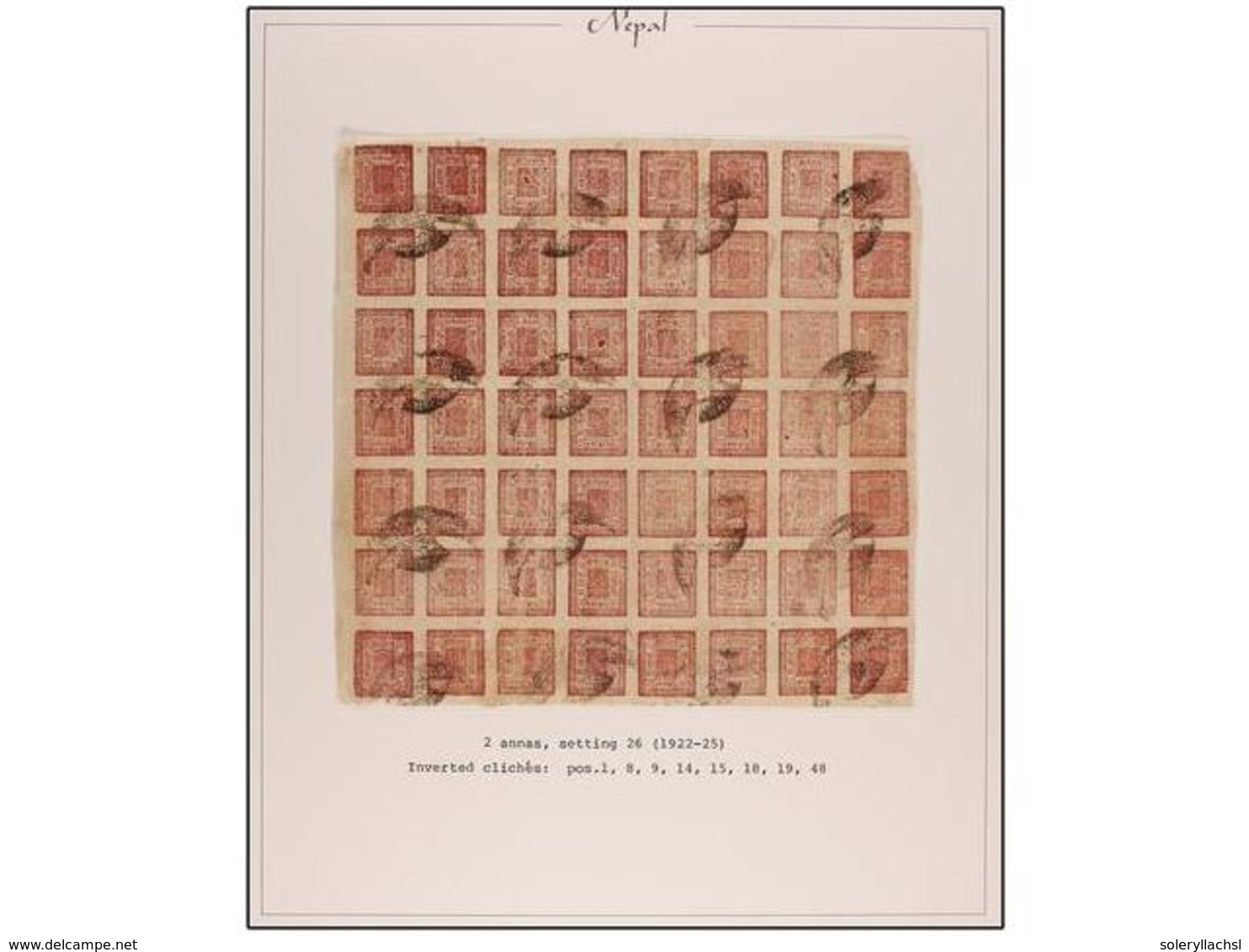 4224 ° NEPAL. Mi.29 (56). 1922-25. <B>2 Annas</B> Lilac Rose, Setting 26. Complete Sheet Of 56 Stamps, Inverted Cliche P - Other & Unclassified