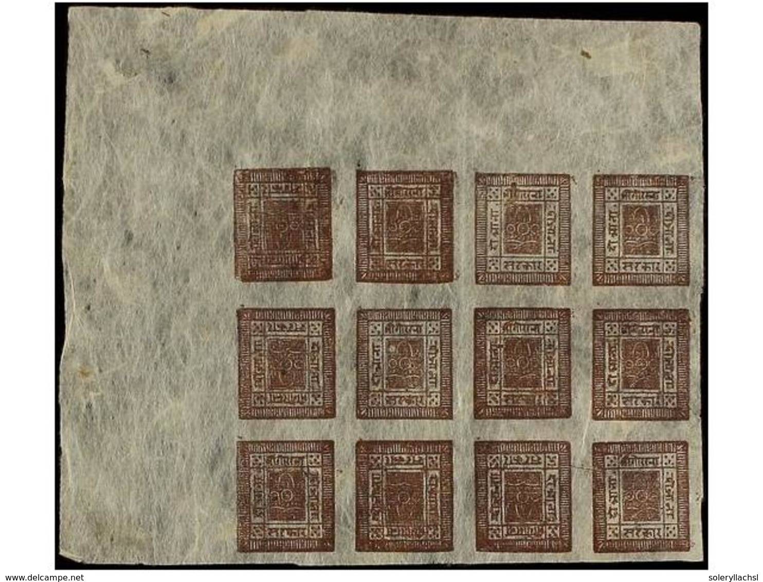 4228 (*) NEPAL. Mi.30 (12). 1922-25. <B>2 Annas</B> Red Brown, Setting 26. Block Of Twelve With Inverted Cliche Pos. 1,  - Other & Unclassified