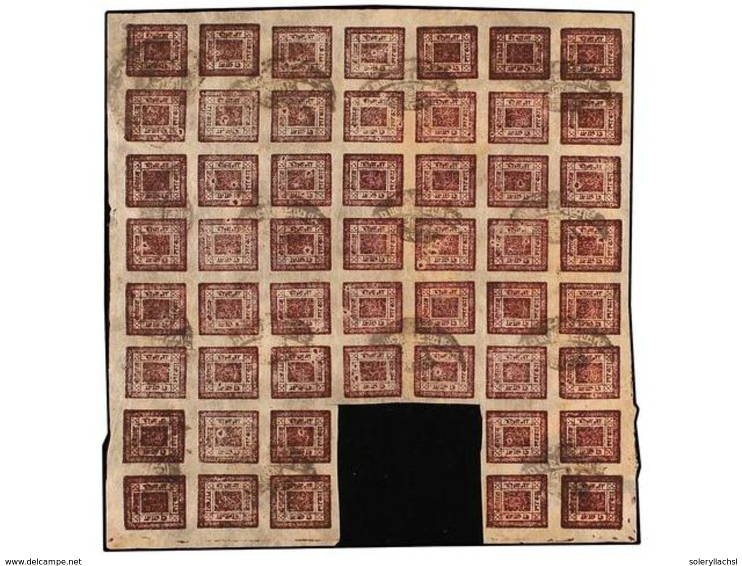 4232 ° NEPAL. Mi.31 (53). 1917-19. <B>2 Annas</B> Purple, Setting 23. Block Of 53 Stamps, Inverted Pos. 8, 9, 15, 19, 48 - Other & Unclassified