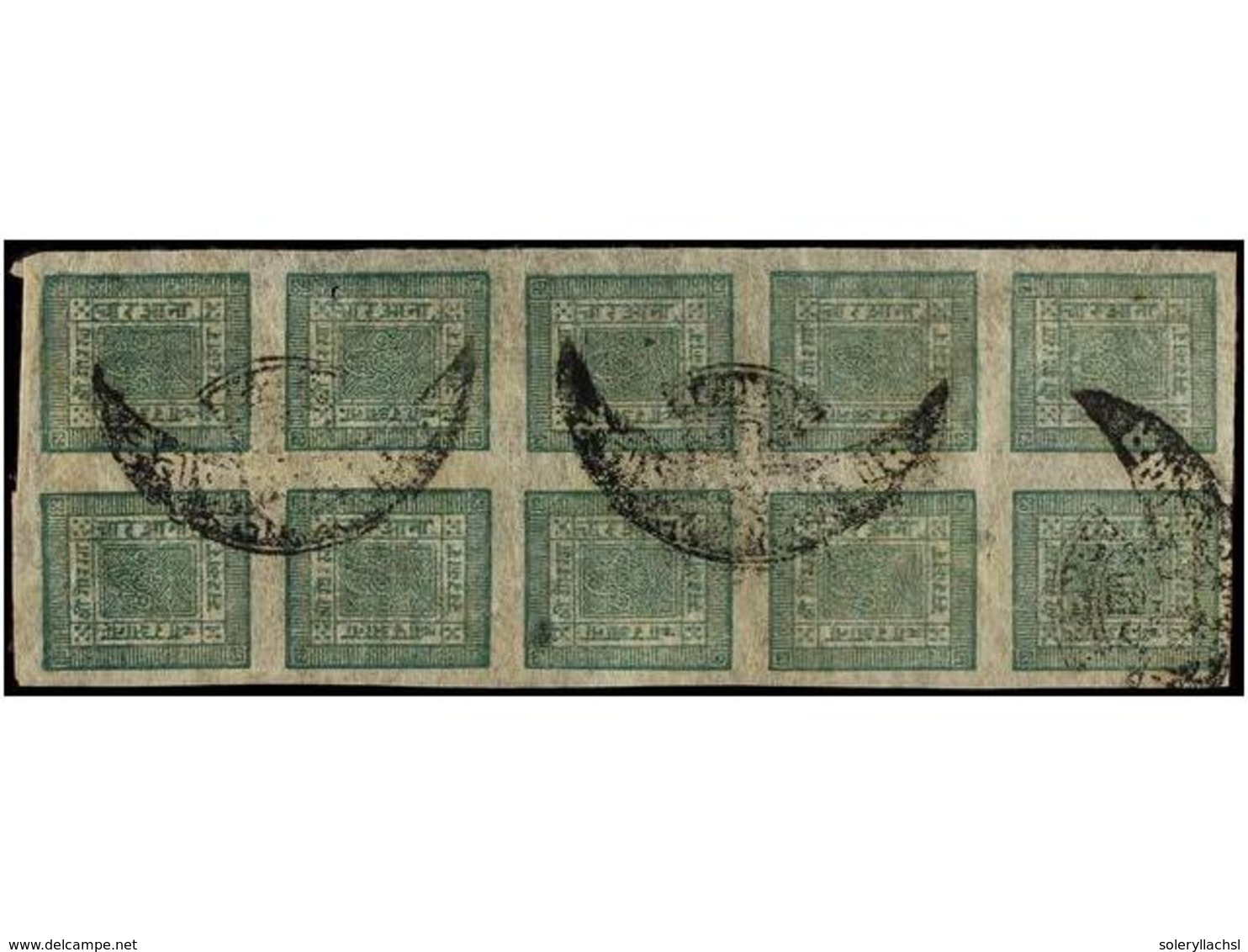 4238 ° NEPAL. Mi.33 (10). 1917. <B>4 Annas</B> Green, Early Printing. Block Of Ten With Telegraphic Cancel. FINE. - Other & Unclassified
