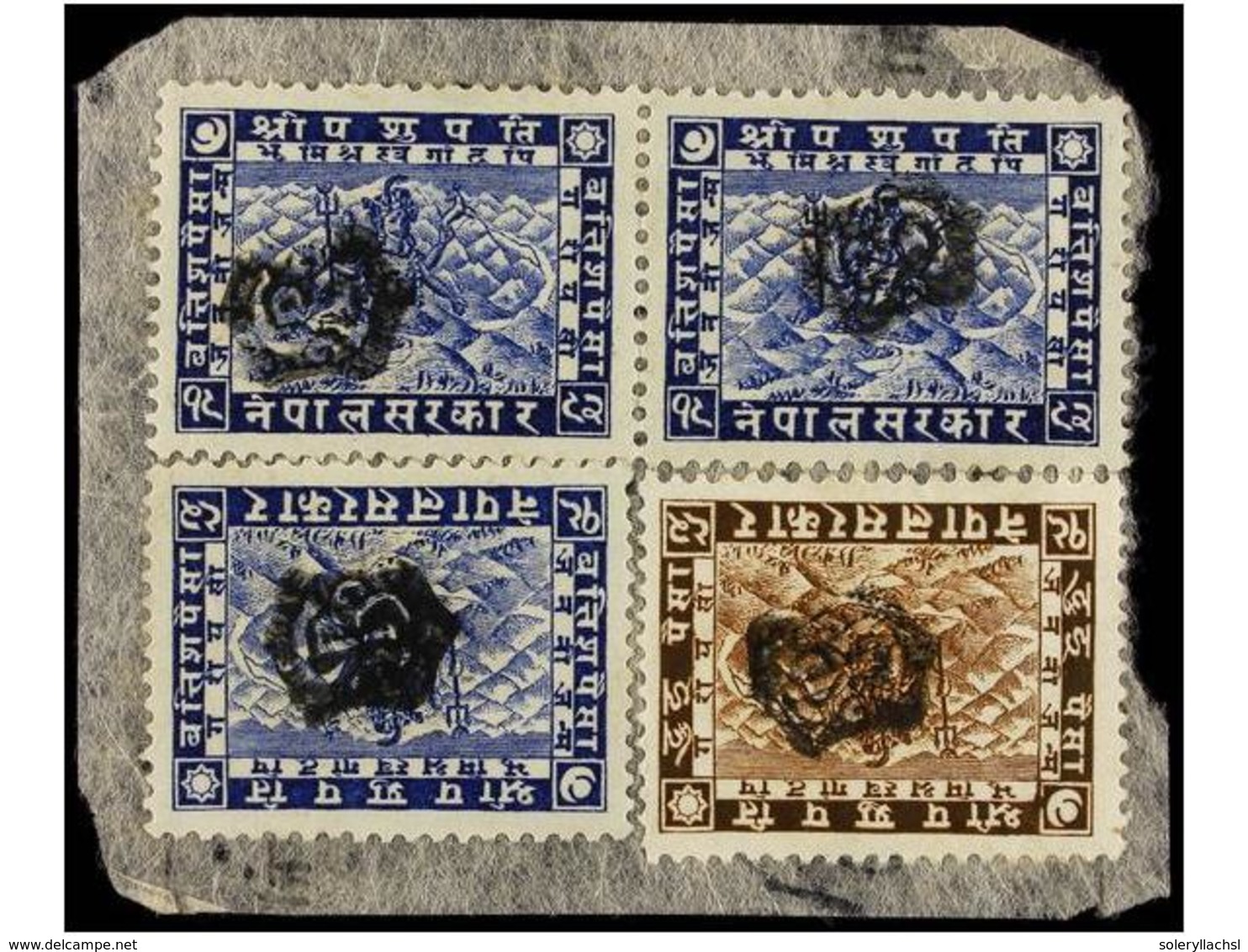 4248 NEPAL. Mi.46, 51 (3). (1935 CA.). <B>2 Pice</B> Brown And <B>32 Pice</B> Blue On Piece, Telegraphic Cancellation Of - Sonstige & Ohne Zuordnung