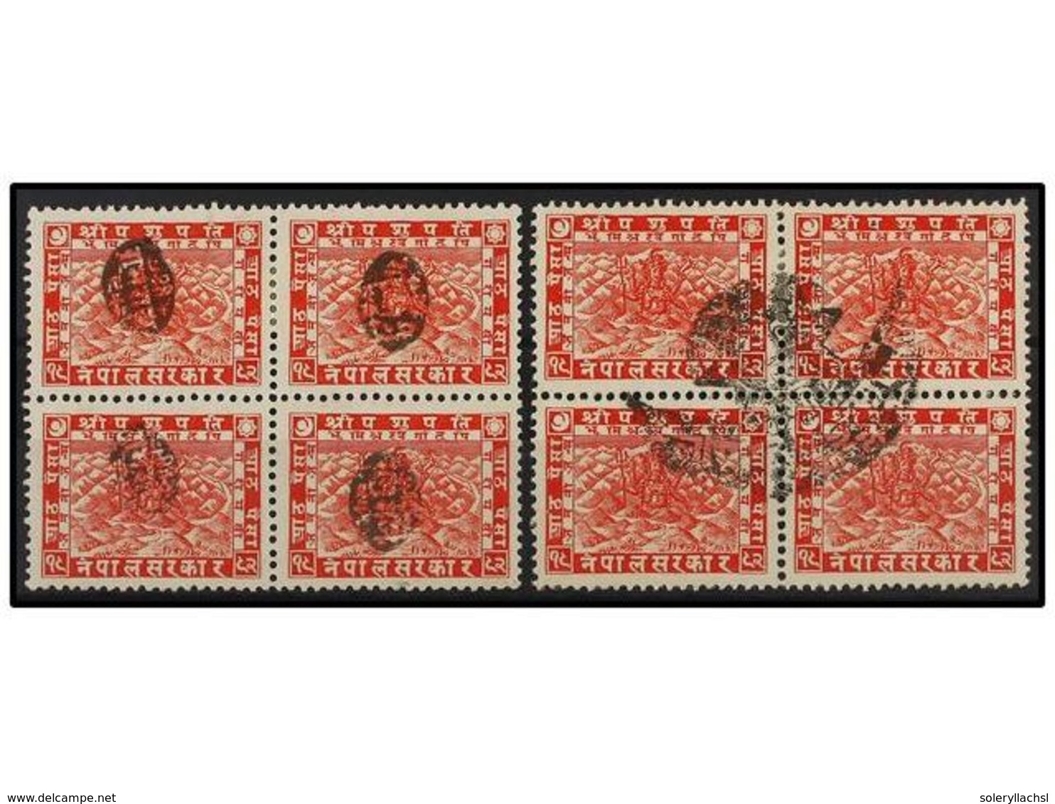 4250 ° NEPAL. Mi.48 (8). (1935 CA.). <B>8 Pice</B> Red, Two Blocks Of Four With Telegraphic Cancellations. - Sonstige & Ohne Zuordnung