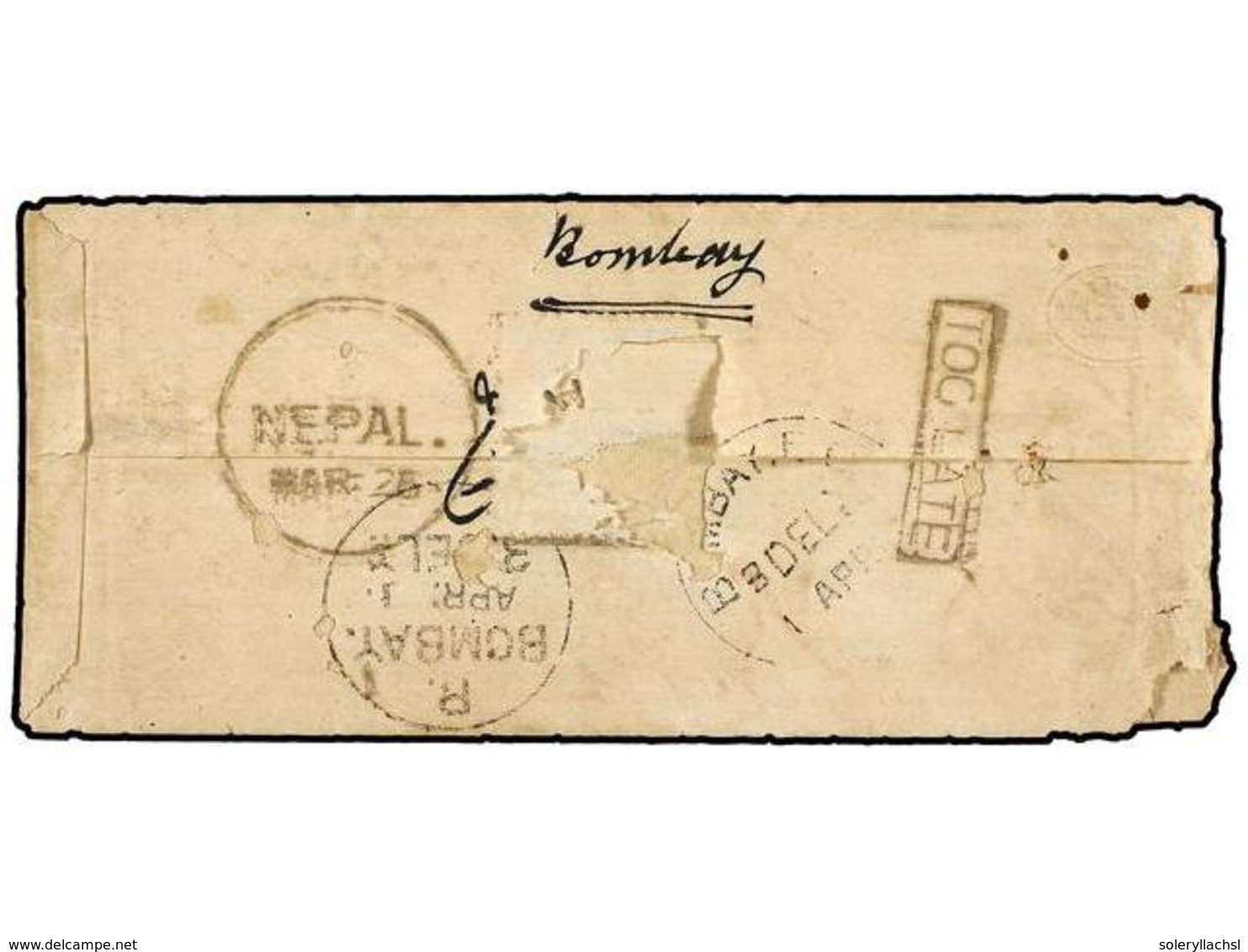 4258 NEPAL. (1879?). KATHMANDU To BOMBAY. <B>1/2 Anna</B> Indian Stamp Remouved. Small Type <B>TOO LATE</B> Handstamp. F - Other & Unclassified