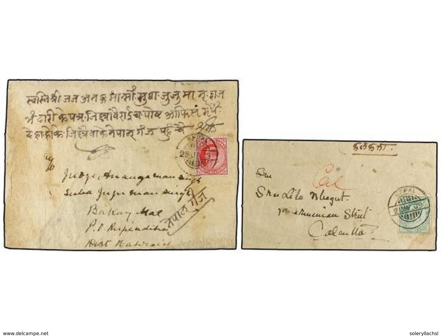 4272 NEPAL. 1909-13. NEPAL To INDIA. 2 Covers Franked By Indian Stamps Of <B>1/2 Anna</B> Green And <B>1 Anna</B> Red Wi - Sonstige & Ohne Zuordnung