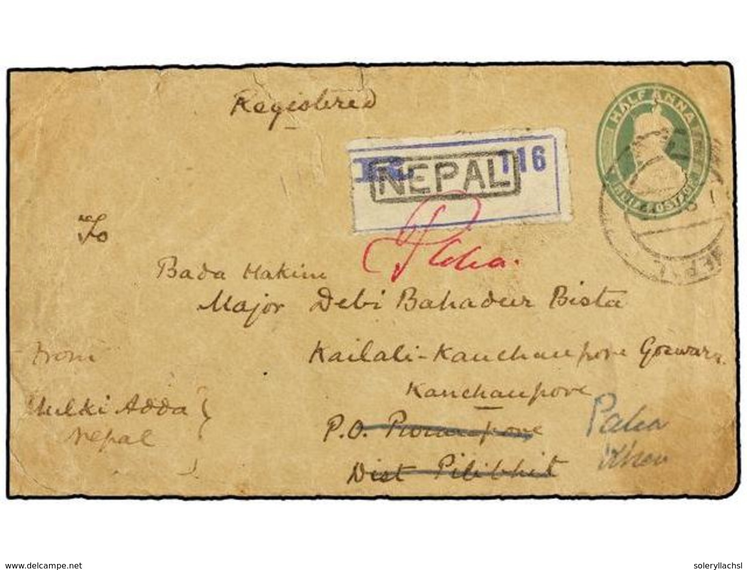 4277 NEPAL. 1919 (Sep.). KATHMANDU To KANCHANPORE. Registered Indian <B>1/2 Anna</B> Green Postal Stationery Uprated Wit - Sonstige & Ohne Zuordnung