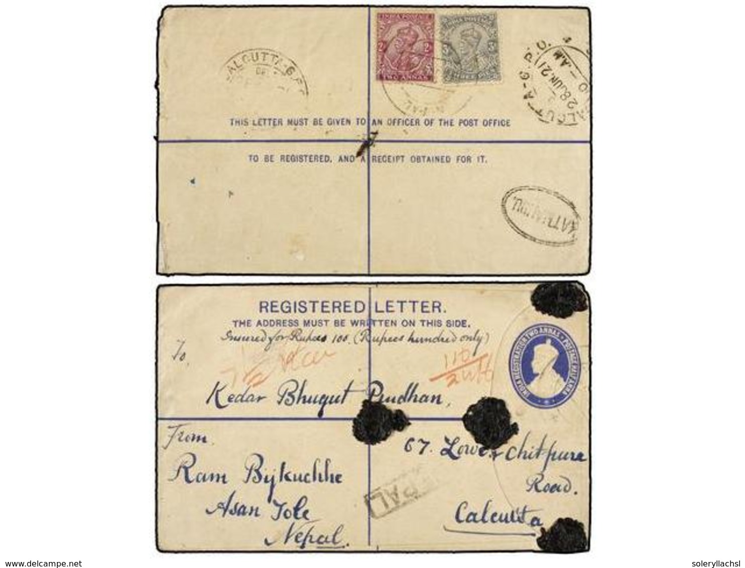 4280 NEPAL. 1921. KATHMANDU To CALCUTTA. Indian Registered Envelope Of <B>2 Annas</B> Uprated With <B>3p.</B> And <B>2a. - Other & Unclassified