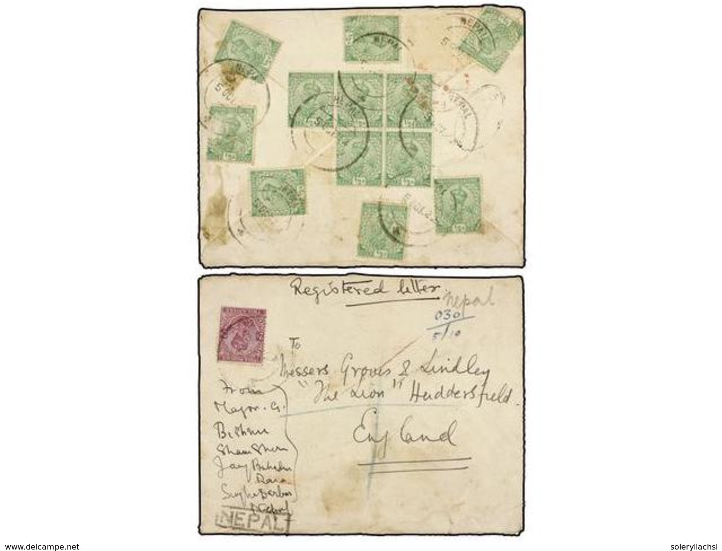 4281 NEPAL. 1922 (5-10). KATHMANDU To ENGLAND. <B>1/2a.</B> Green (12) And <B>2a.</B> Lilac, Sent Registered. Light Faul - Other & Unclassified