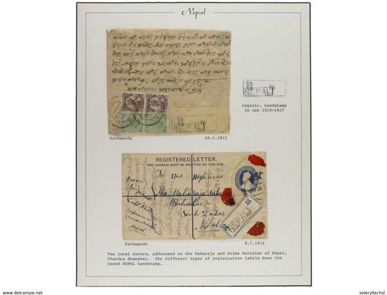 4284 NEPAL. 1923-24. Page Of Album With Two Local Registered Covers From KATHMANDU Addressed To The Maharaja And Prime M - Other & Unclassified