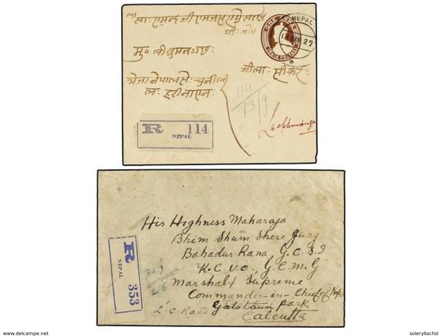 4288 NEPAL. 1927-32. NEPAL To INDIA. Two Registered Covers Bearing Printed Registration Labels (with Nepal Widely Spaced - Sonstige & Ohne Zuordnung