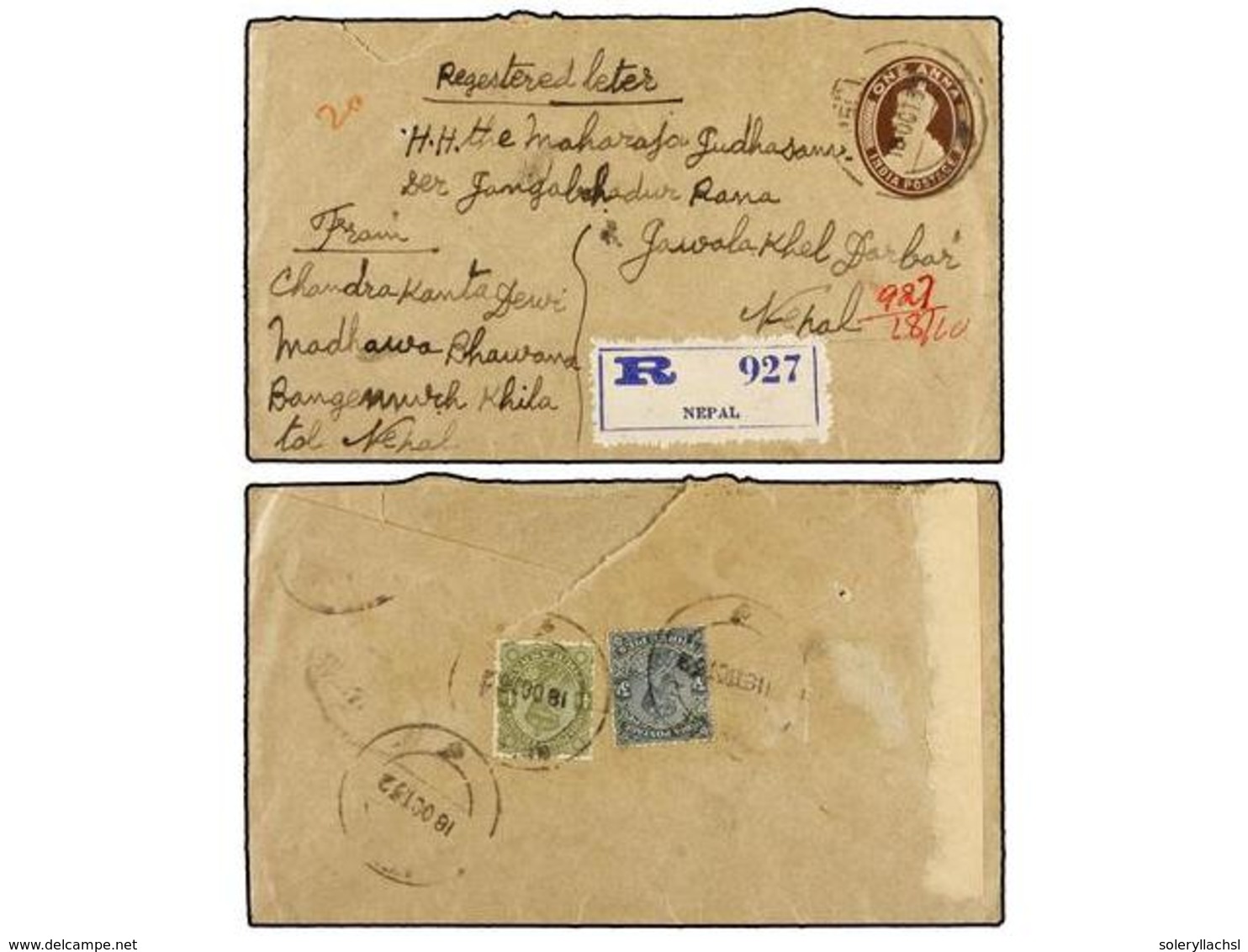 4296 NEPAL. 1932. KATHMANDU. Local Registered Indian Envelope Of <B>1 Anna</B> Uprated With <B>3p.</B> And <B>4 Annas</B - Sonstige & Ohne Zuordnung