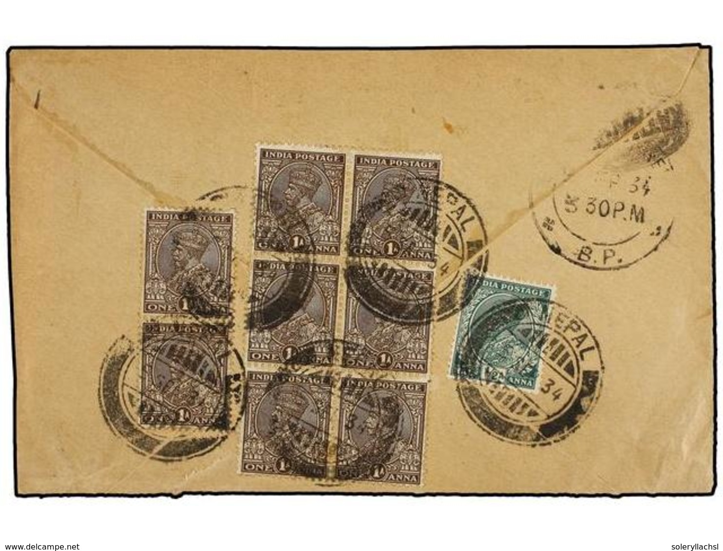 4305 NEPAL. 1934 (5-9). KATHMANDU To LONDON. <B>1/2a.</B> Green And <B>1a.</B> Brown (8). The Cover Is Cut At The Bottom - Other & Unclassified