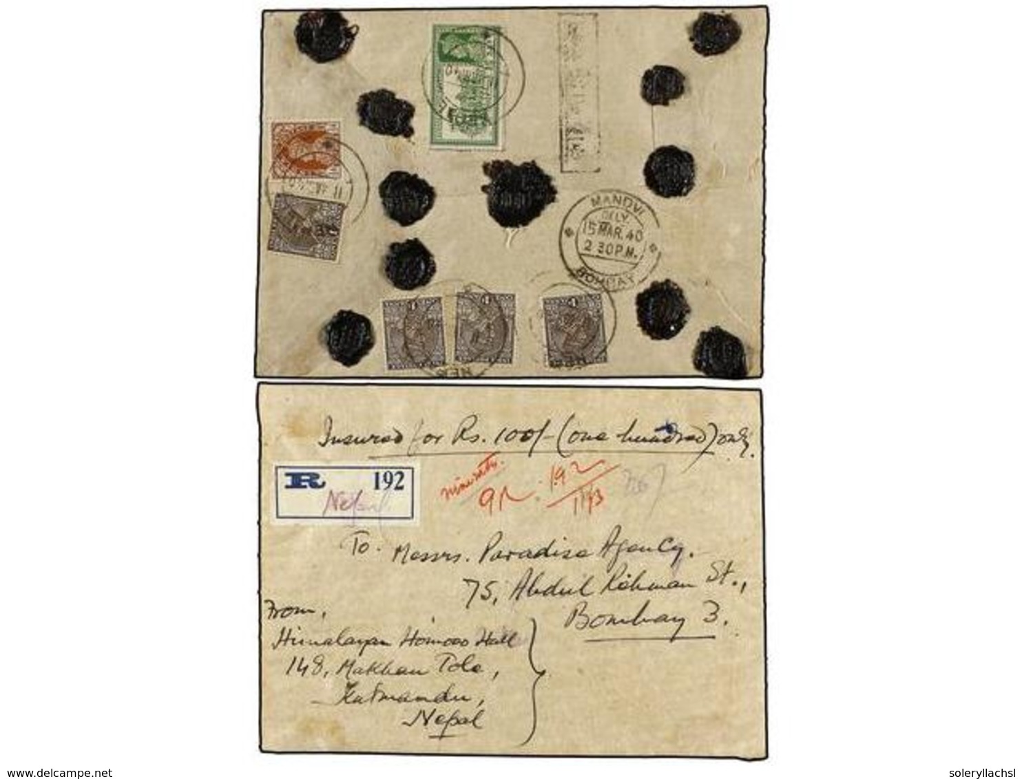 4322 NEPAL. 1940 (Mar.). KATHMANDU To BOMBAY. Registered Declared Value 'Insured For 100 Rs', Franked With <B>1a.</B> (4 - Other & Unclassified