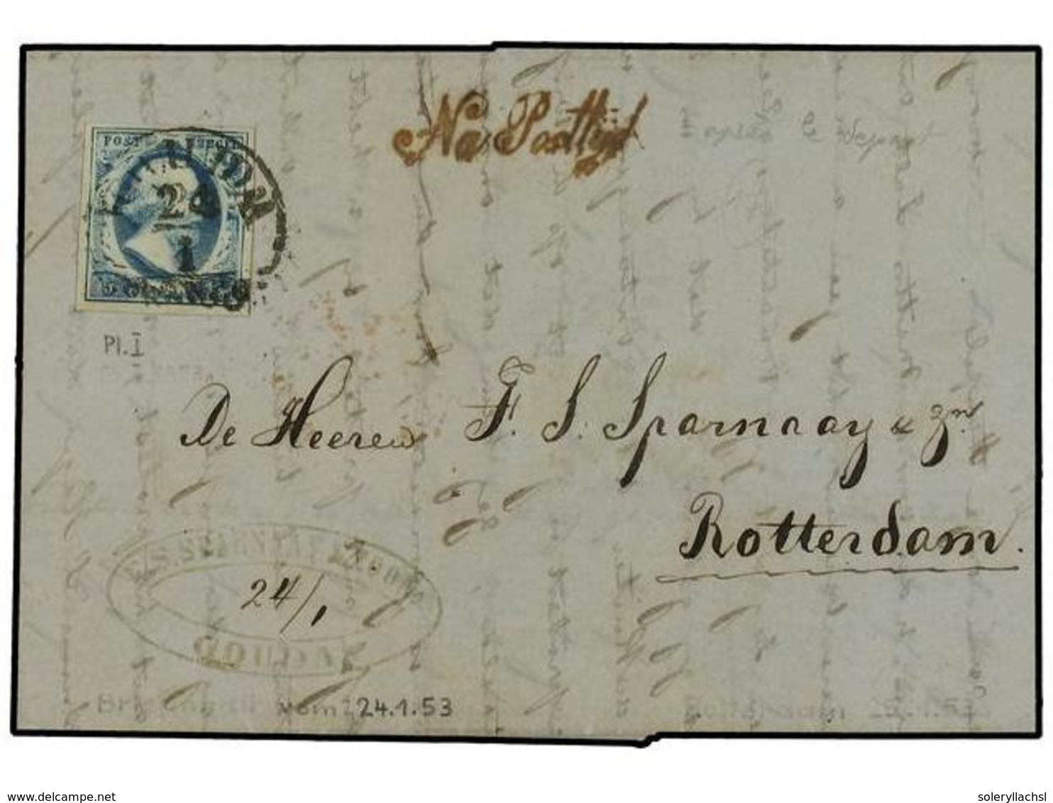 4335 HOLANDA. 1853 (Jan 24). Entire Letter From Gouda To Rotterdam Bearing Fine 1852 Plate I <B>5c</B>. Blue Tied By <B> - Other & Unclassified